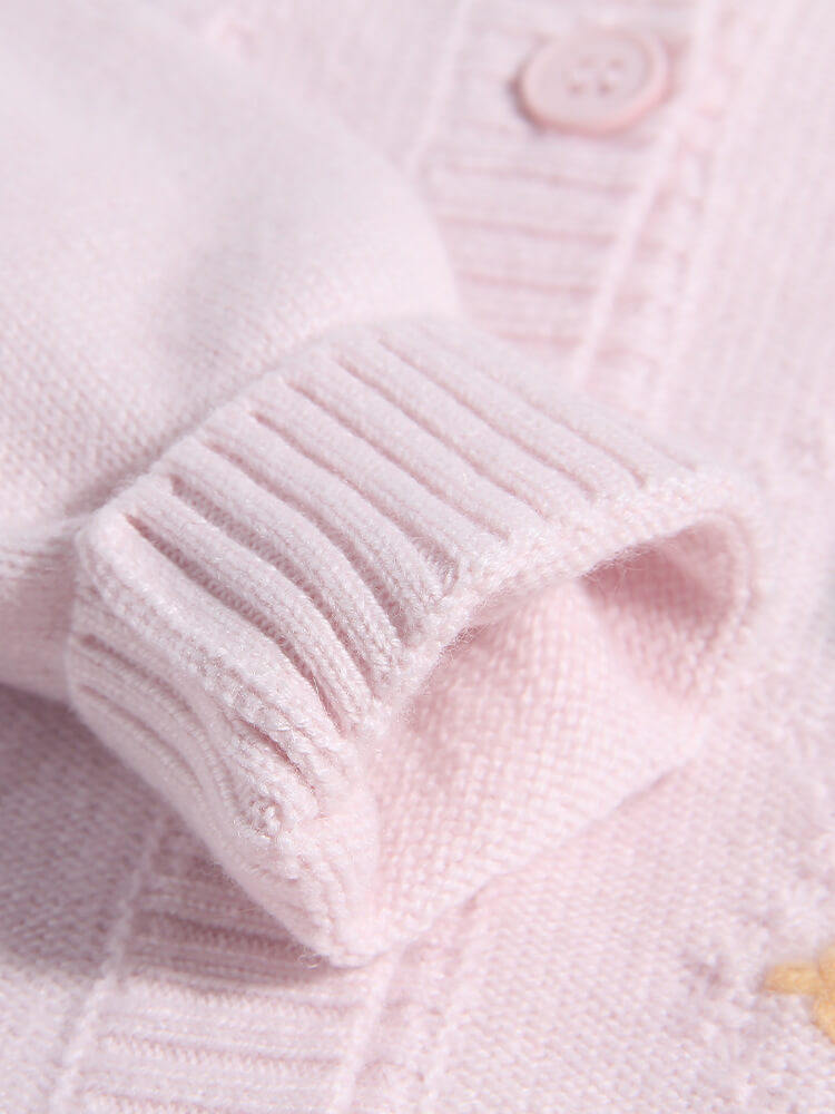 Girls Light Pink Floral Embroidered Cable Knit Cashmere Cardigan